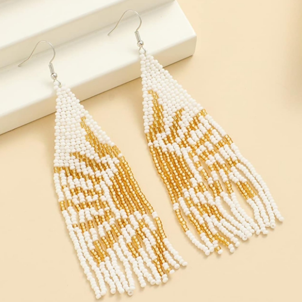 5" Abstract Sunshine White Gold Long Beaded Oversized Rays of Sun Earrings New